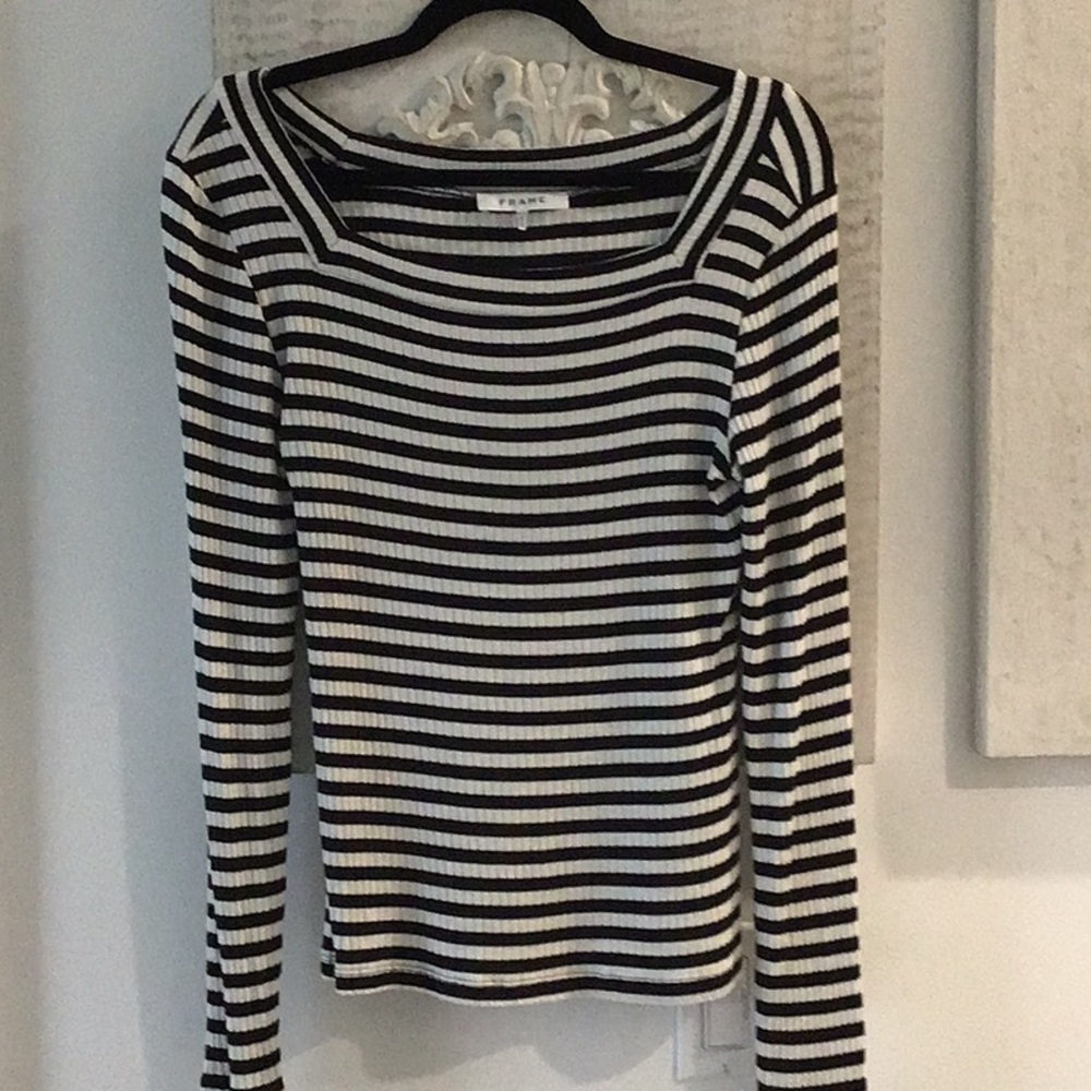 Frame black and white stripped long sleeve tee with squared neckline